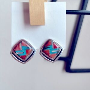 Genuine Southwestern Inlaid turquoise, onyx, coral and mother of pearl earrings.